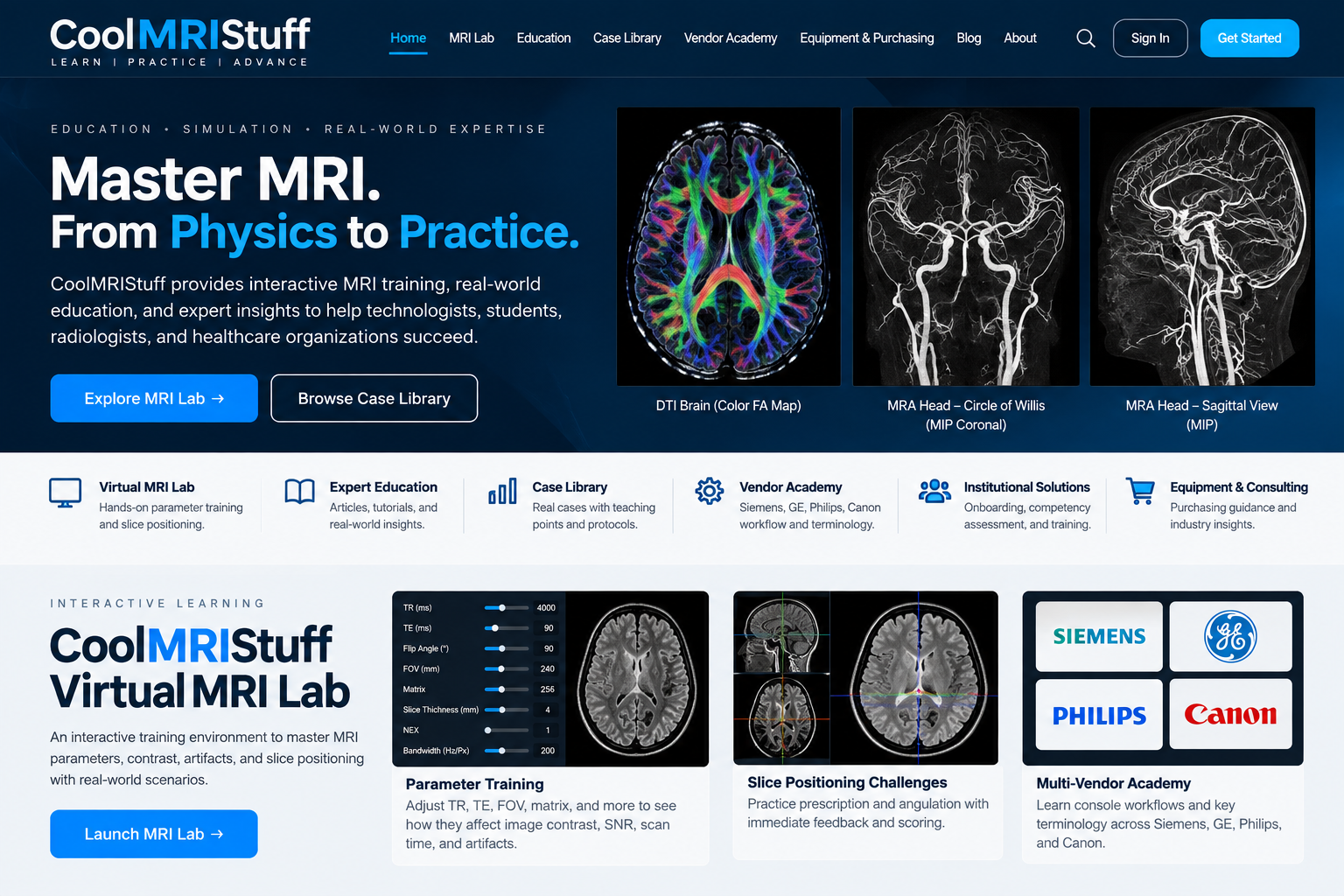 MRI education image showing DTI brain tractography and MRA cerebral vascular imaging